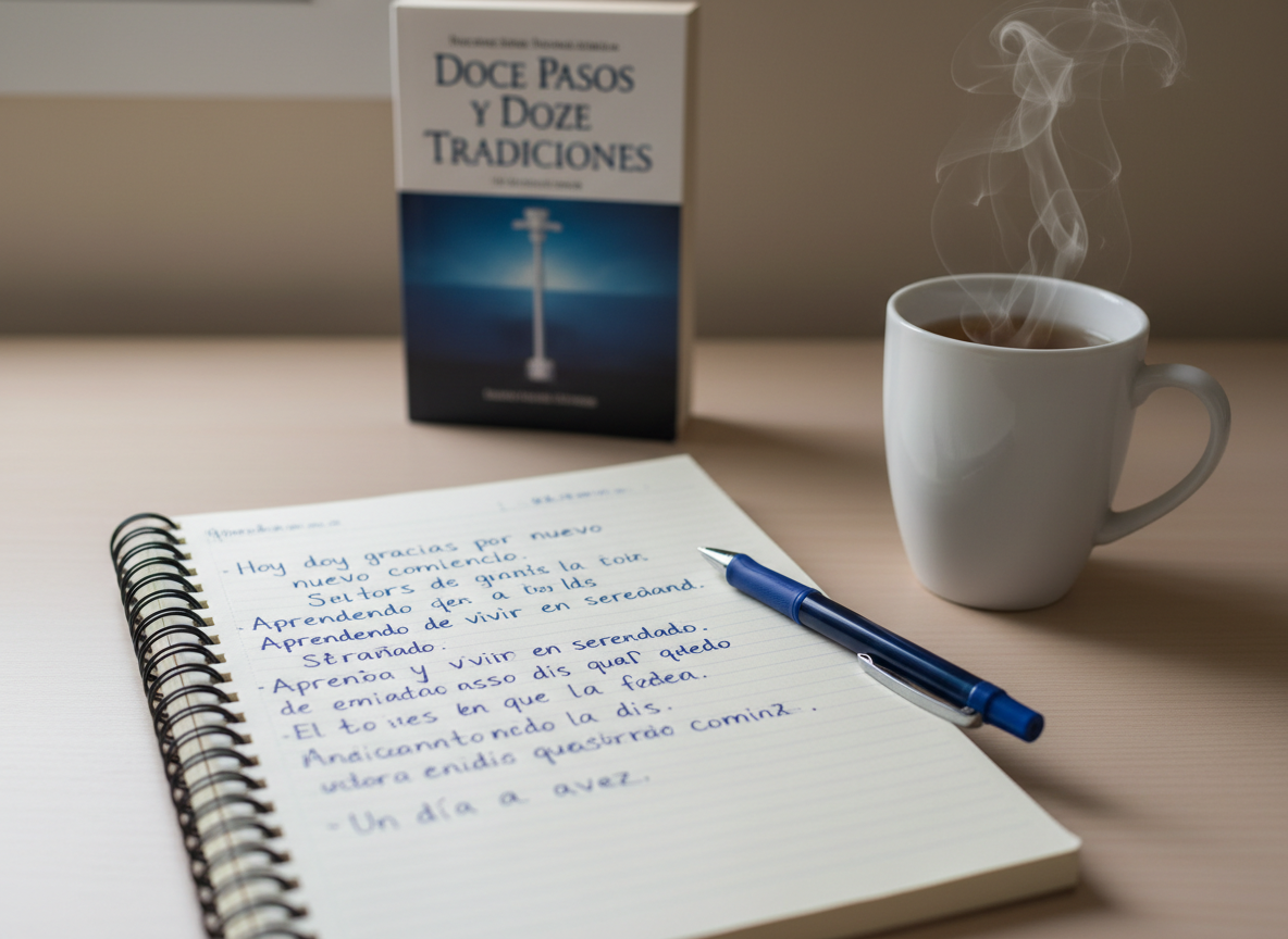 An open spiral-bound notebook resting on a clean, light-wood desk, its pages filled with neatly handwritten reflections in Spanish about recovery and gratitude. A blue ballpoint pen lies diagonally across the page, and beside it sits a simple white ceramic mug filled with herbal tea, steam gently rising. Behind the notebook, a closed copy of the “Doce Pasos y Doce Tradiciones” book stands upright against a neutral-colored wall. Soft overcast daylight from an unseen window provides even, diffused lighting, minimizing harsh shadows. Photographic realism from a slightly elevated angle, with a shallow depth of field focusing on the written words, creates a calm, introspective, and professional atmosphere that emphasizes personal growth and hope in sobriety.