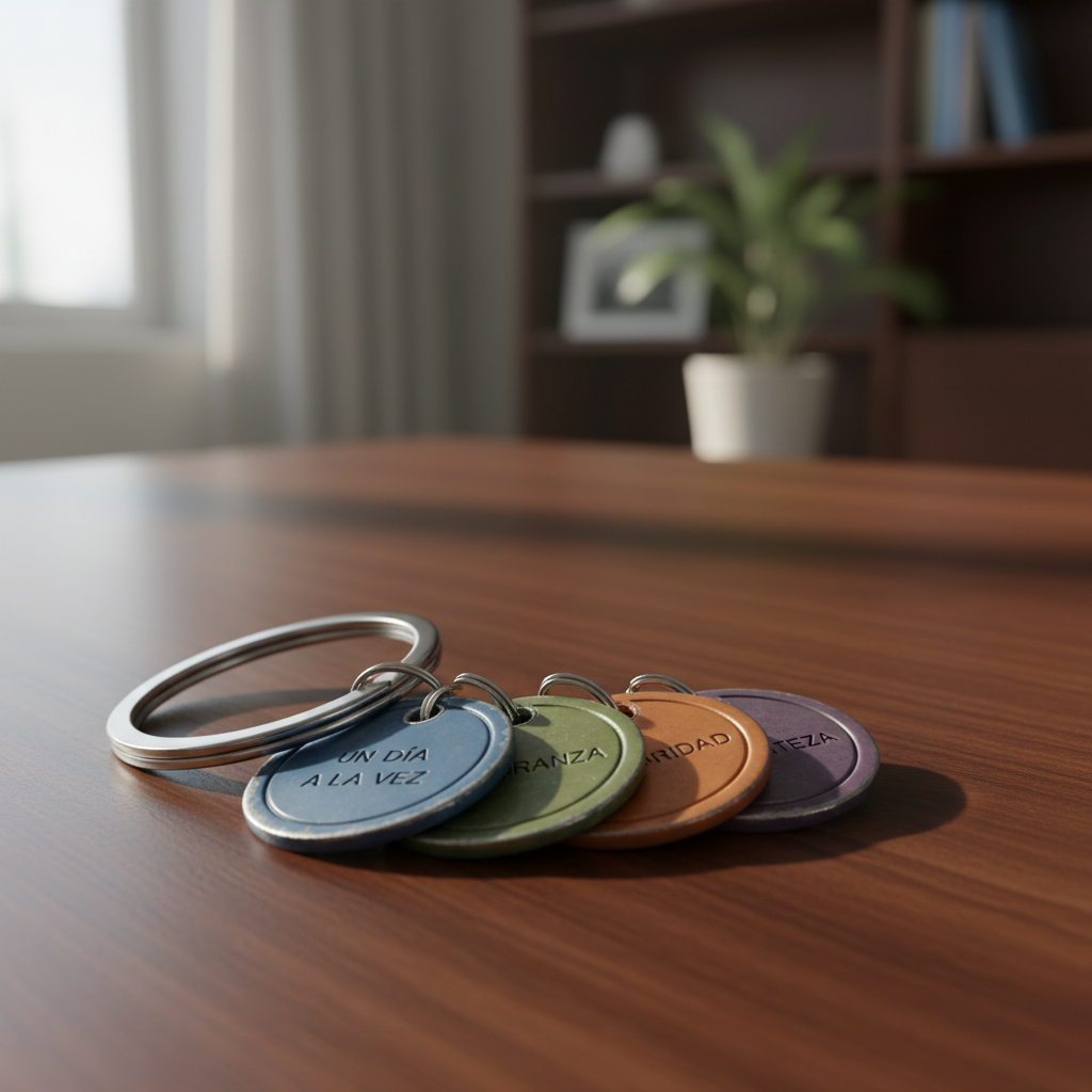 A close-up of a simple metal keychain lying on a smooth, dark wooden surface, holding several sobriety chips in different muted colors, each engraved with phrases like “Un Día a la Vez” and “Esperanza”. The chips show light wear on the edges, suggesting real use and commitment. Soft, diffused morning light enters from the left, creating gentle reflections on the metallic keyring and subtle shadows beneath the chips. The background fades into a soft bokeh of an orderly, peaceful room. Shot from a slightly elevated angle in photographic realism, the composition uses the rule of thirds to emphasize the chips, creating a mood of quiet strength, perseverance, and professional sobriety support.