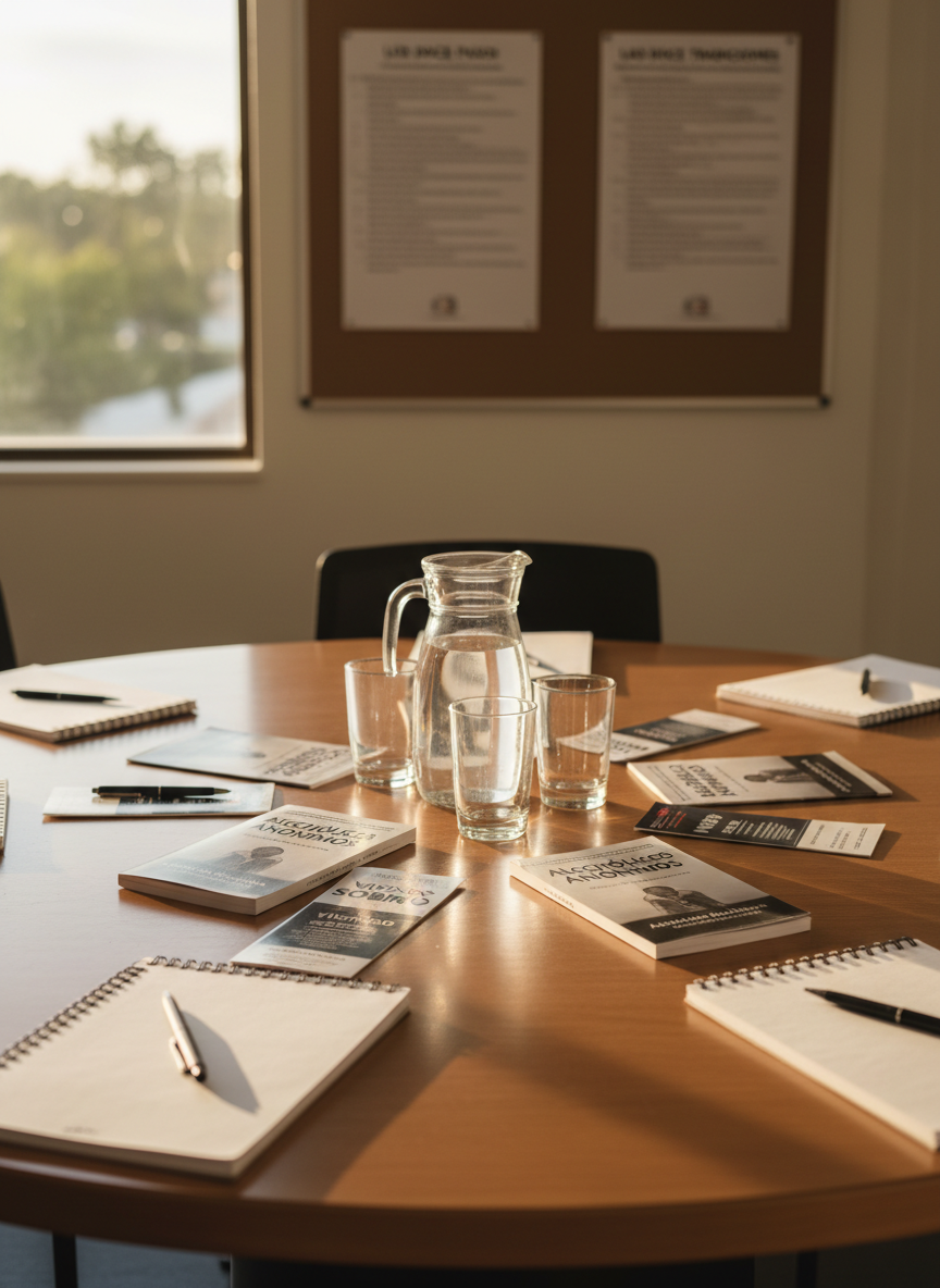 A polished round wooden table in a quiet meeting room, covered with carefully arranged printed AA literature in Spanish, a simple glass pitcher of water, and several neatly stacked blank notebooks with pens aligned beside them. In the background, a soft-focus bulletin board displays the Twelve Steps and Twelve Traditions as cleanly printed posters. Late afternoon natural light filters through a nearby window, casting gentle, warm highlights on the paper edges and creating calm, elongated shadows across the table. Photographic realism at eye-level, with a shallow depth of field that keeps the table in sharp focus and the background softly blurred, conveying a professional, welcoming, and hopeful atmosphere without showing any people.